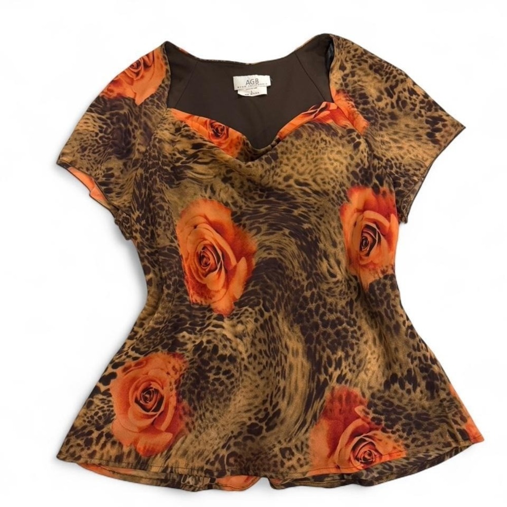 AGB Byer California Leopard Rose Floral Cowl Neck Top Brown Orange Vintage L